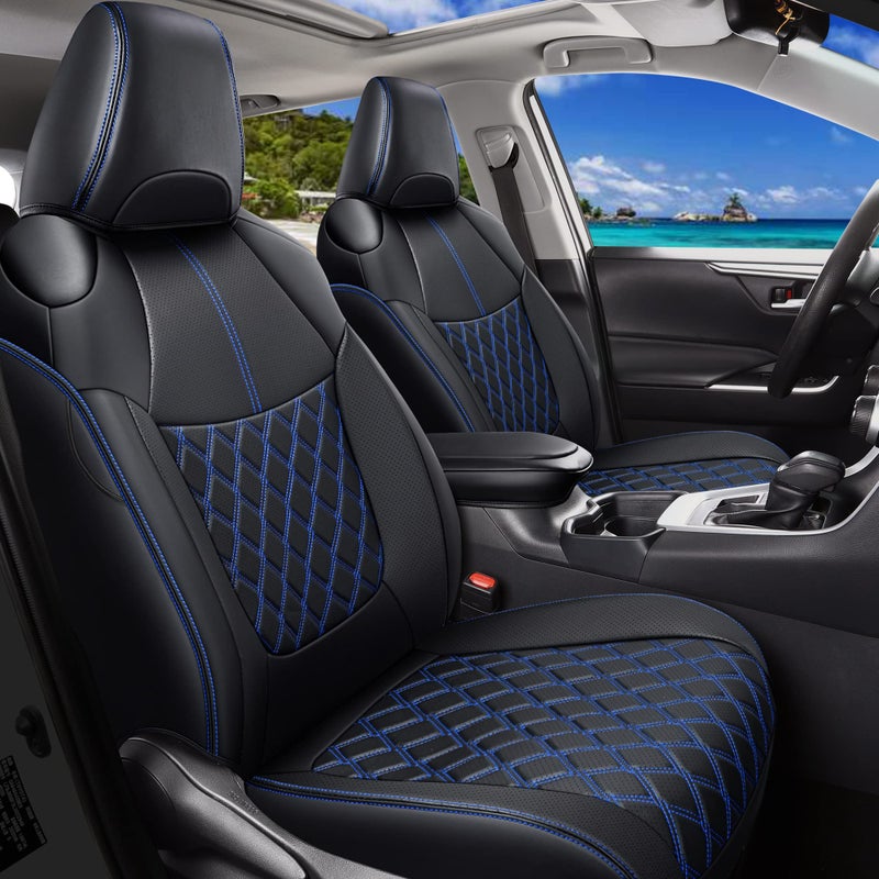 أغطية مقاعد السيارة الأمامية Huidasource تناسب تويوتا RAV4 حماية كاملة للمقاعد تناسب تويوتا RAV4 2019-2024 XLE LE XLE بريميوم ليمتد غير مناسبة للهجين مغامرة TRD أوف رود برايم أسود أزرق