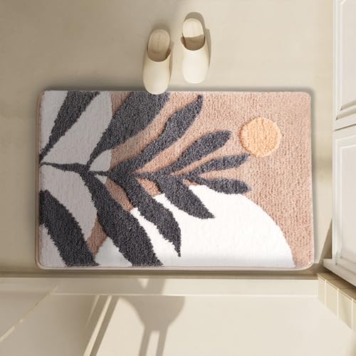 mamrug Bath mat Rug Boho Plant Abstract Art Brown Washable Bathroom Rugs,Non-Slip Shaggy Water Absorbent Flocking Microfiber Soft Fluffy Botanical Bathmats Doormats Rectangle 19.7x31.5 inch - Image 2