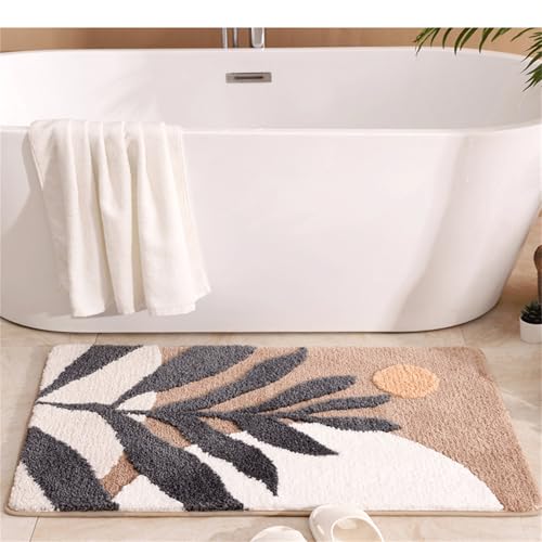 mamrug Bath mat Rug Boho Plant Abstract Art Brown Washable Bathroom Rugs,Non-Slip Shaggy Water Absorbent Flocking Microfiber Soft Fluffy Botanical Bathmats Doormats Rectangle 19.7x31.5 inch - Image 3