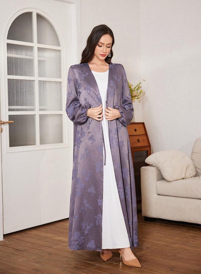 Take Two Floral Print Purple Abaya with Front Tie Detail - Image 1