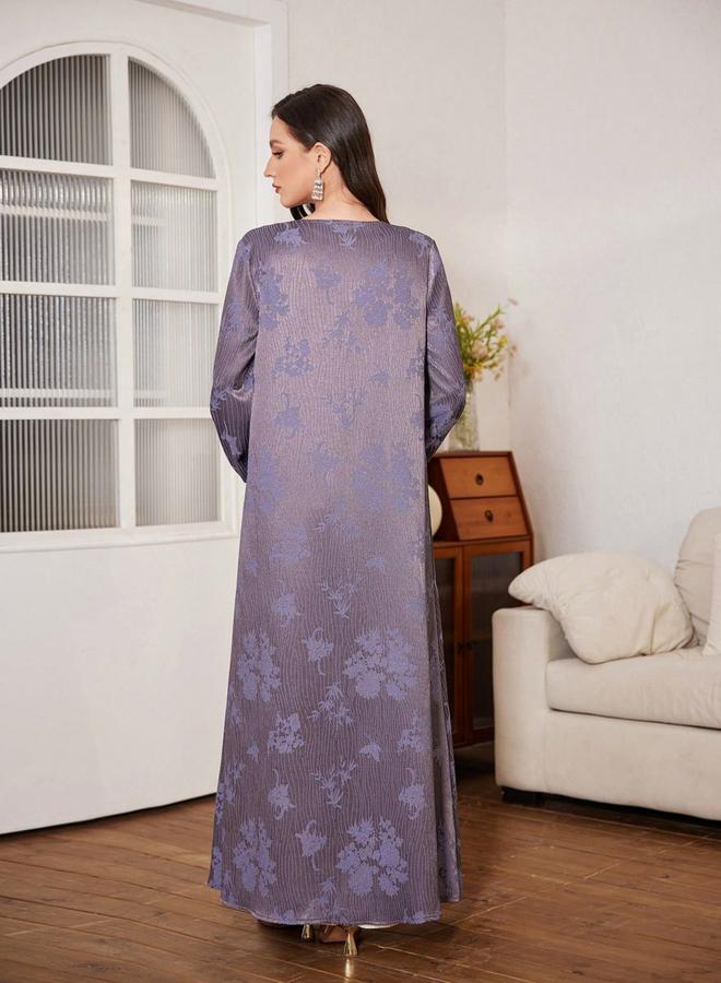 Take Two Floral Print Purple Abaya with Front Tie Detail - Image 3