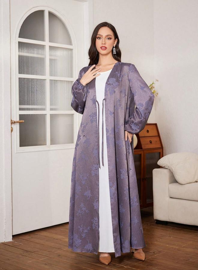 Take Two Floral Print Purple Abaya with Front Tie Detail - Image 5