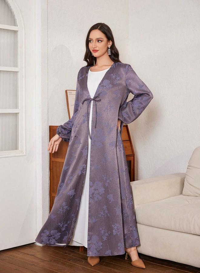Take Two Floral Print Purple Abaya with Front Tie Detail - Image 2