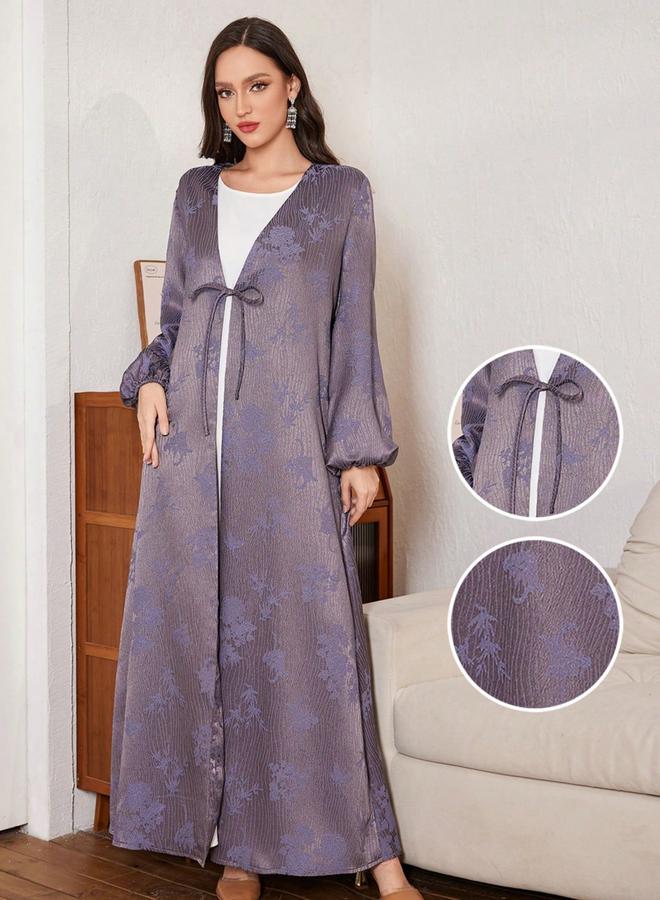 Take Two Floral Print Purple Abaya with Front Tie Detail - Image 4