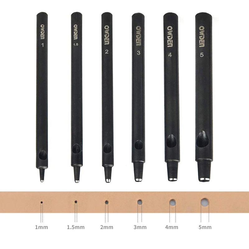 OWDEN Professional 6Pcs. Leather Hollow Punch Set. Size: 1.0-5.0mm for Leather Belt, Watch Band and Leather Strap Gasket. with a Free Mini Cutting mat. - Image 1