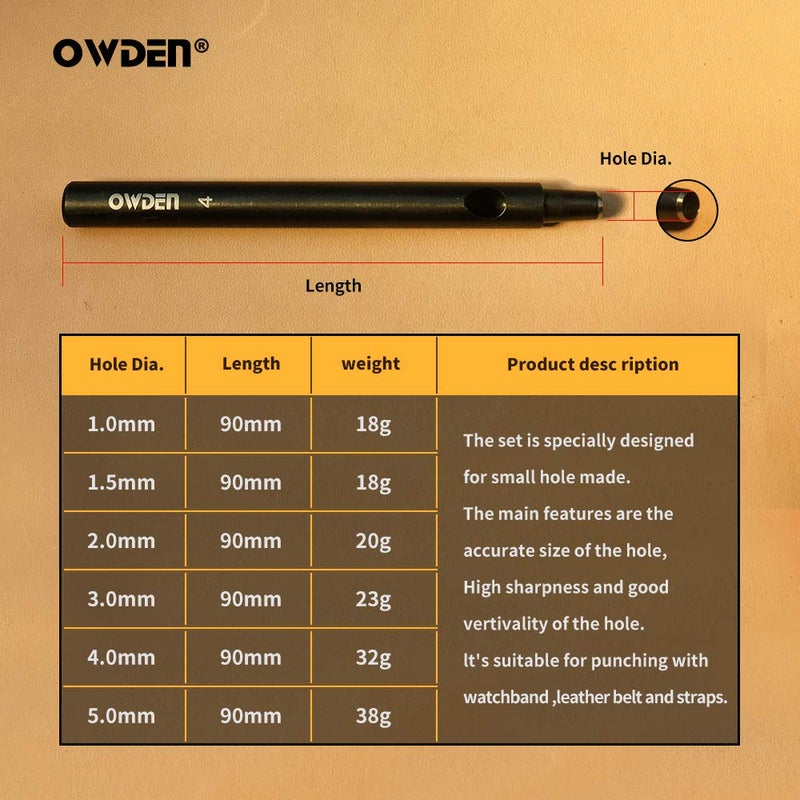 OWDEN Professional 6Pcs. Leather Hollow Punch Set. Size: 1.0-5.0mm for Leather Belt, Watch Band and Leather Strap Gasket. with a Free Mini Cutting mat. - Image 2