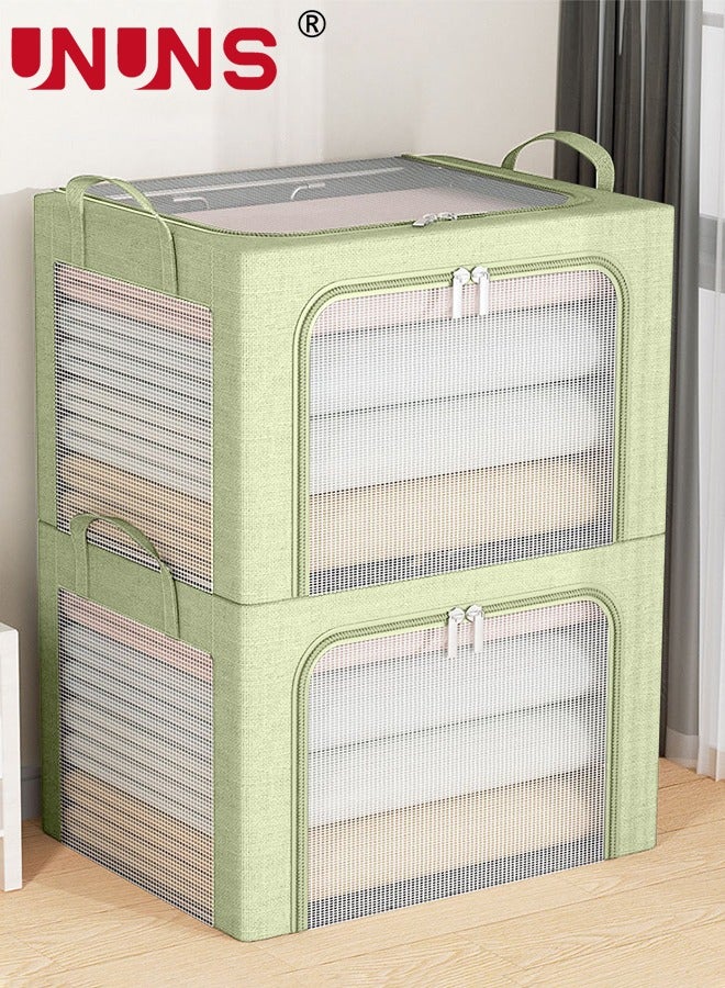 UNUNS Foldable Clothes Storage Bins,2Pcs Openings Clothes Storage Bins With Metal Frame And Handle,Linen Storage Box With Clear Window And Zippers,Green - Image 1