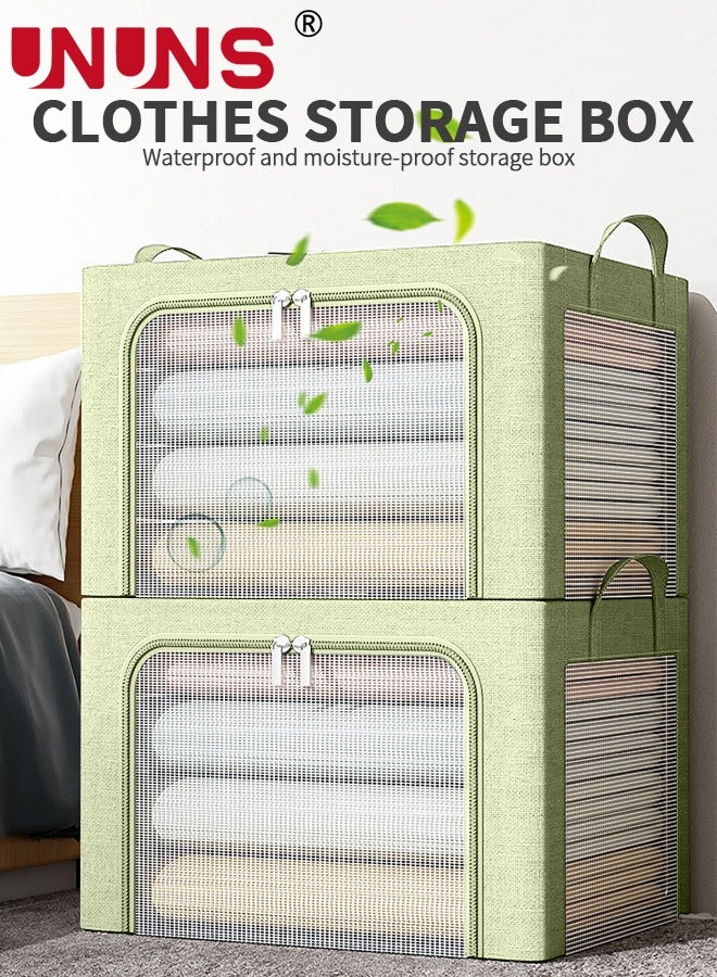 UNUNS Foldable Clothes Storage Bins,2Pcs Openings Clothes Storage Bins With Metal Frame And Handle,Linen Storage Box With Clear Window And Zippers,Green - Image 2