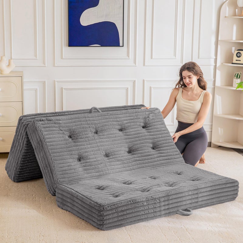 MAXYOYO Folding Mattress with Handles, 6 Inch Tri-Fold Mattress Floor Sofa Bed, Soft Faux Fur Folding Bed with Supportive Foam Filling, Portable Guest Couch for Sleeping, Twin, Grey - Image 1
