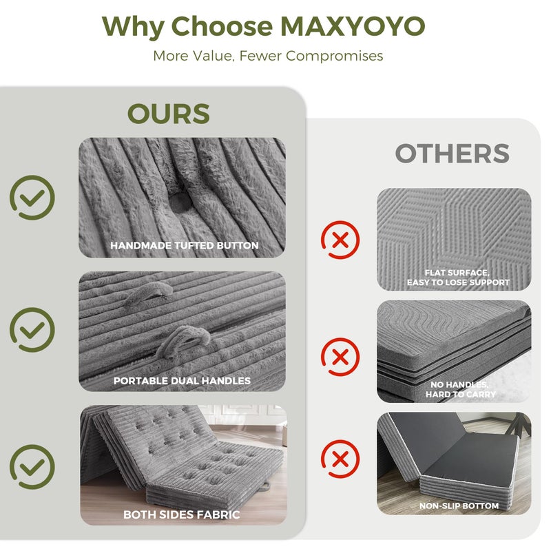 MAXYOYO Folding Mattress with Handles, 6 Inch Tri-Fold Mattress Floor Sofa Bed, Soft Faux Fur Folding Bed with Supportive Foam Filling, Portable Guest Couch for Sleeping, Twin, Grey - Image 5