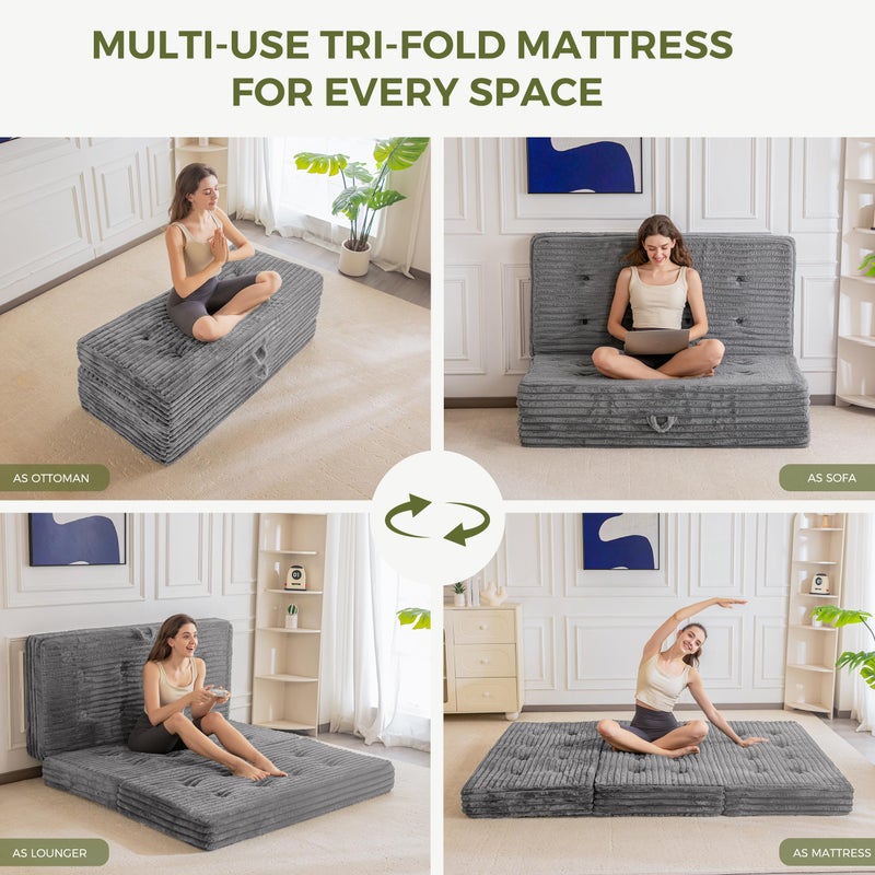 MAXYOYO Folding Mattress with Handles, 6 Inch Tri-Fold Mattress Floor Sofa Bed, Soft Faux Fur Folding Bed with Supportive Foam Filling, Portable Guest Couch for Sleeping, Twin, Grey - Image 4
