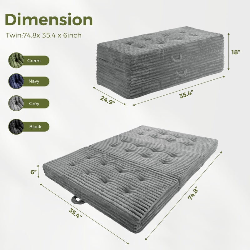MAXYOYO Folding Mattress with Handles, 6 Inch Tri-Fold Mattress Floor Sofa Bed, Soft Faux Fur Folding Bed with Supportive Foam Filling, Portable Guest Couch for Sleeping, Twin, Grey - Image 2