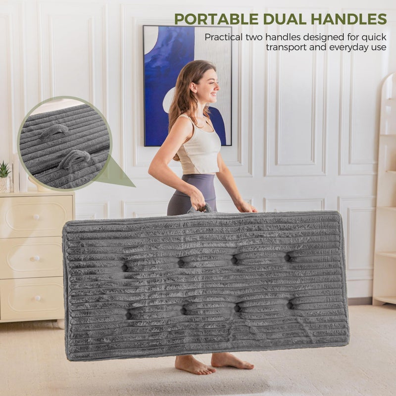 MAXYOYO Folding Mattress with Handles, 6 Inch Tri-Fold Mattress Floor Sofa Bed, Soft Faux Fur Folding Bed with Supportive Foam Filling, Portable Guest Couch for Sleeping, Twin, Grey - Image 3