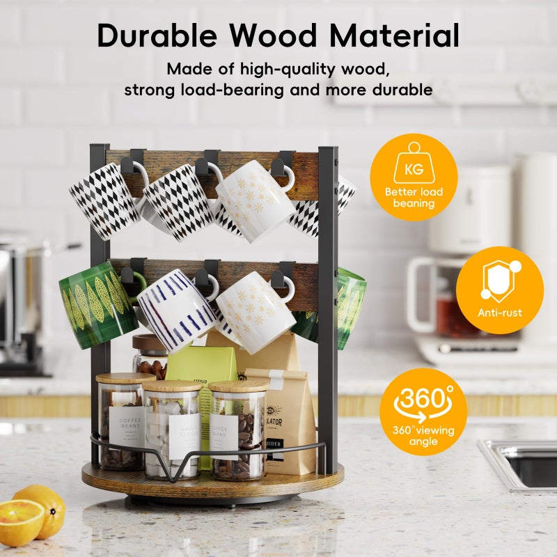 KLM Wood Coffee Mug Holder,12 Hook Mug Tree Holder Rack with Storage Base,Mug Display Organizer,Mug Holders for Home Kitchen,Support 360Â° rotation for easy access - Image 5