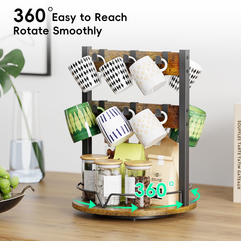 KLM Wood Coffee Mug Holder,12 Hook Mug Tree Holder Rack with Storage Base,Mug Display Organizer,Mug Holders for Home Kitchen,Support 360Â° rotation for easy access - Image 2