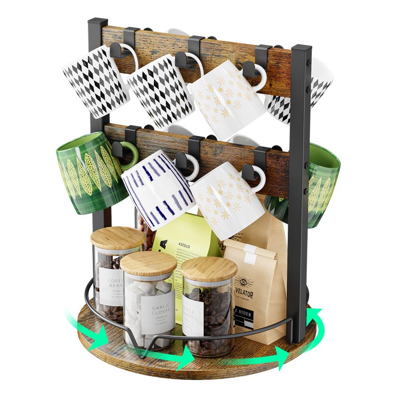 KLM Wood Coffee Mug Holder,12 Hook Mug Tree Holder Rack with Storage Base,Mug Display Organizer,Mug Holders for Home Kitchen,Support 360Â° rotation for easy access - Image 1
