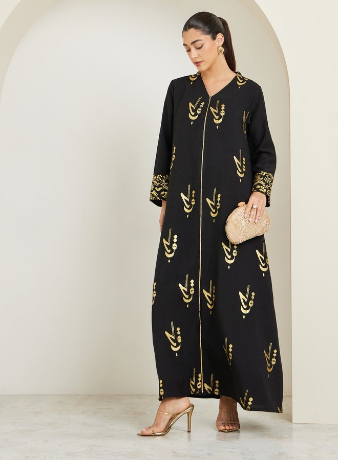 Amirah Black Maxi Jalabiya with Foil Print - Image 5