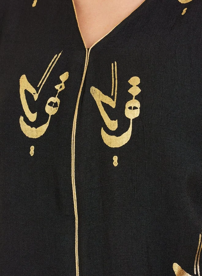 Amirah  Black Maxi Jalabiya with Foil Print for Women | Best Price UAE