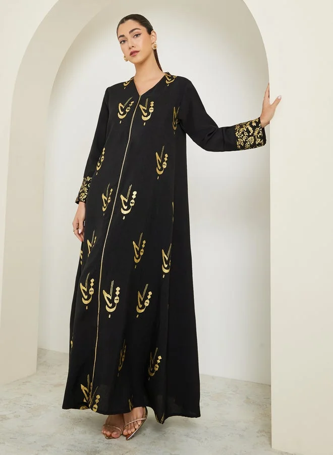 Amirah Black Maxi Jalabiya with Foil Print