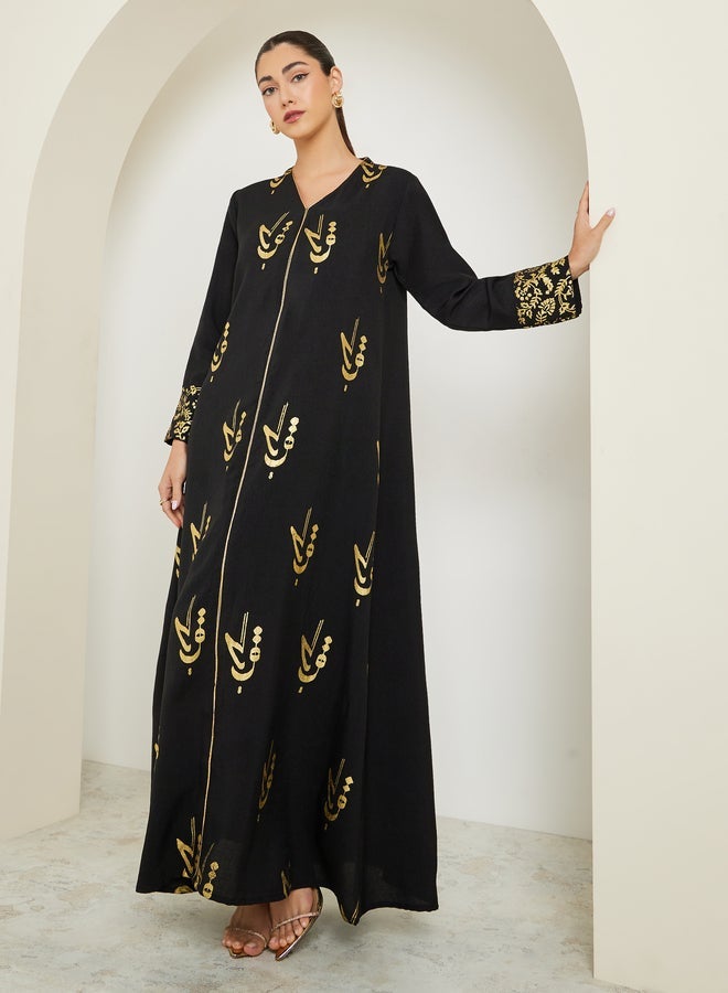 Amirah Black Maxi Jalabiya with Foil Print - Image 1