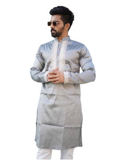 سوبر آسيوي طقم كورتا رجالي بتصميم كلاسيكي فريد من نوعه - حرير لامع مع تصميم ترميز رائع وبيجامة قطنية  - Image 3