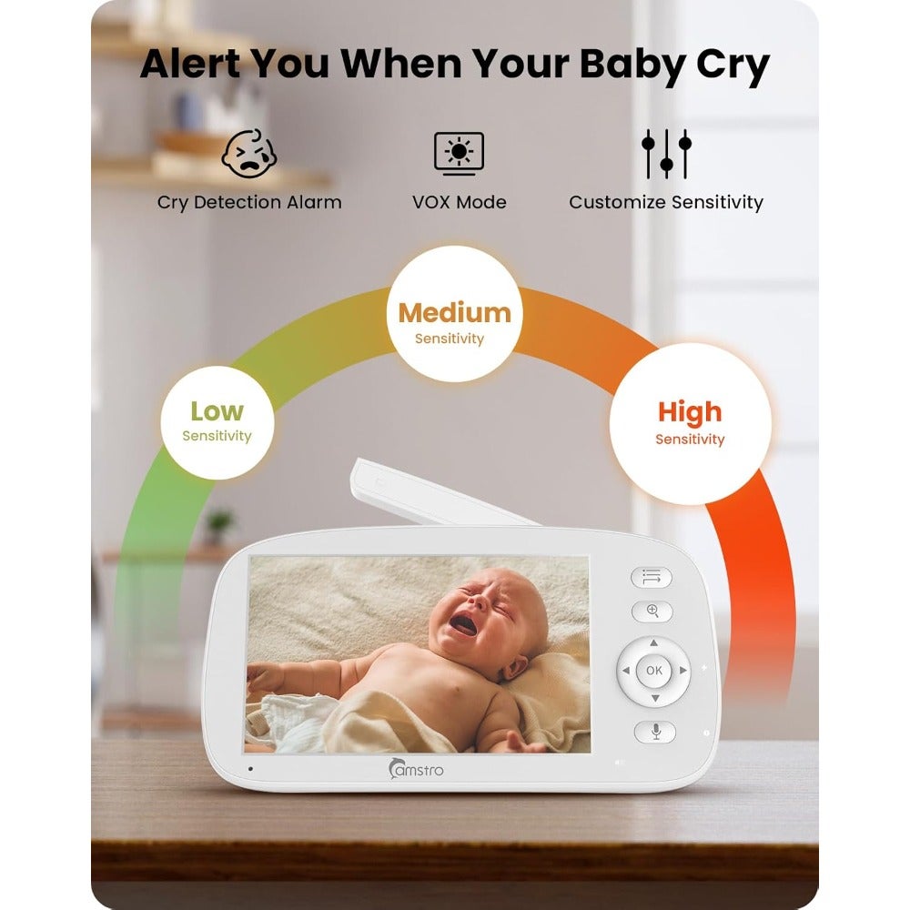 Baby Monitor with Camera, 5 Display, 360 Remote Pan-Tilt-Zoom, Night Vision, Two-Way Audio, 5000mAh Battery, Feeding Reminder, Lullabies, Cry and Motion Detection, VOX Baby Camera, No WiFi