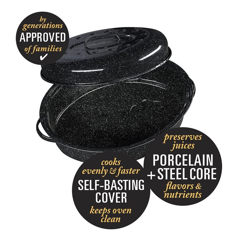 Granite Ware 18" Oval Roaster with Cover, Large Non-Stick Porcelain Enamel Roasting Pan, Even Heating, Dishwasher Safe, Durable Carbon Steel, Made in Mexico - Image 3
