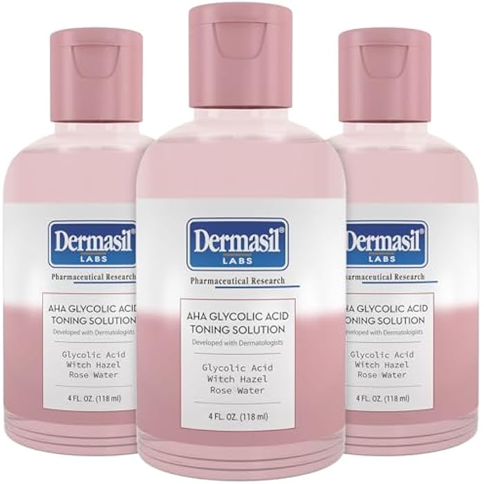 Dermasil AHA Glycolic Acid Toning Solution 3-Pack – Exfoliating Toner for Face with Rose Water, Witch Hazel, and Hyaluronic Acid, 4 Oz Ea - Image 1