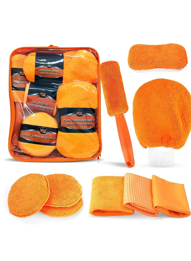 Generic Orange Car Wash Cleaning Tools 9Pcs Kit Auto Care,Include 3 Microfiber Towels,3 Applicator Pads,Wash Sponge,Wash Glove,Wheel Brush  - Image 4