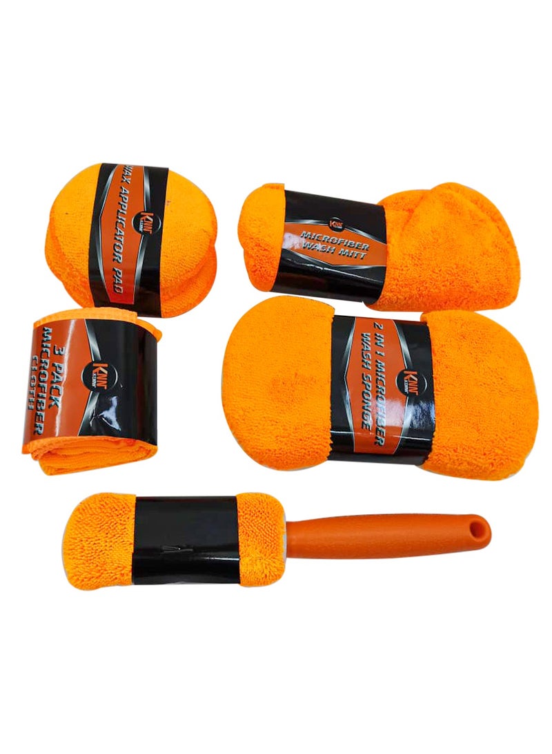 Generic Orange Car Wash Cleaning Tools 9Pcs Kit Auto Care,Include 3 Microfiber Towels,3 Applicator Pads,Wash Sponge,Wash Glove,Wheel Brush  - Image 3