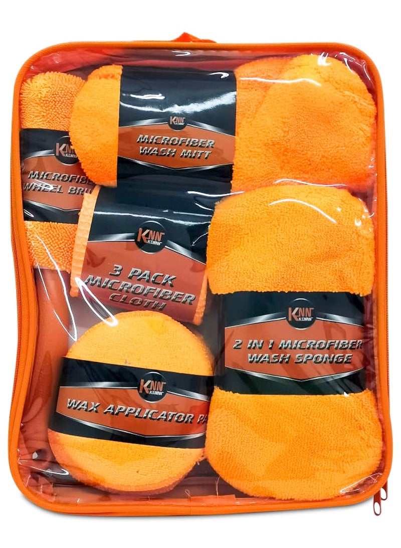 Generic Orange Car Wash Cleaning Tools 9Pcs Kit Auto Care,Include 3 Microfiber Towels,3 Applicator Pads,Wash Sponge,Wash Glove,Wheel Brush  - Image 2