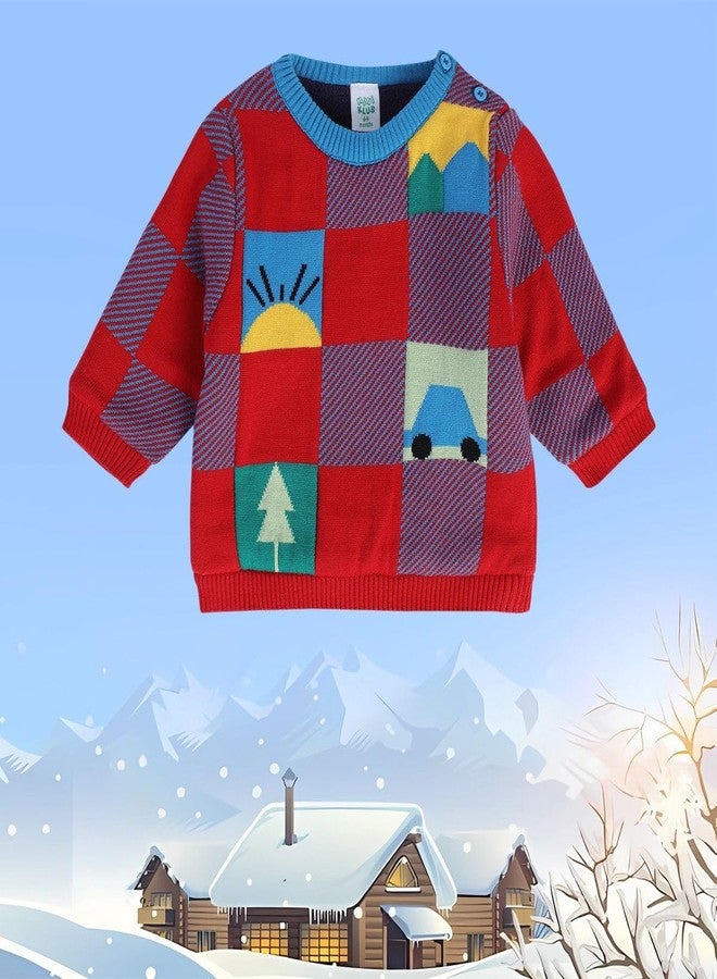 miniklub Baby Round Neck Full Length Knitted Cotton Red Color Sweater (9-12M) - Image 2