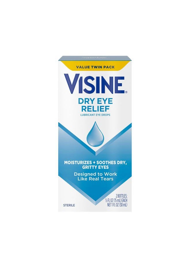 Visine Dry Eye Relief Lubricant Eye Drops to Moisturize and Soothe Irritated, Gritty and Dry Eyes, Designed to Work Like Real Tears, Polyethylene Glycol 400, 0.5 fl. oz, 2 Pack  - Image 1