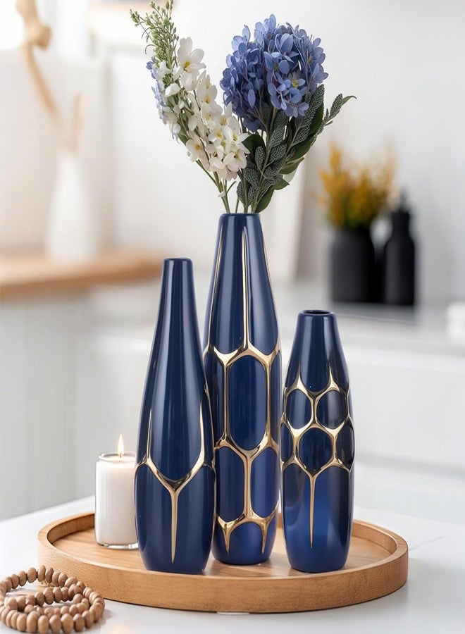 DOVDOV Ceramic Vase Set of 3, Modern Vases for Home Decor, Blue and Gold Color Suitable for Living Room, Kitchen, Bedroom, Bathroom, entryway Mantelpiece, Living Room TV Stand Decoration. - Image 3