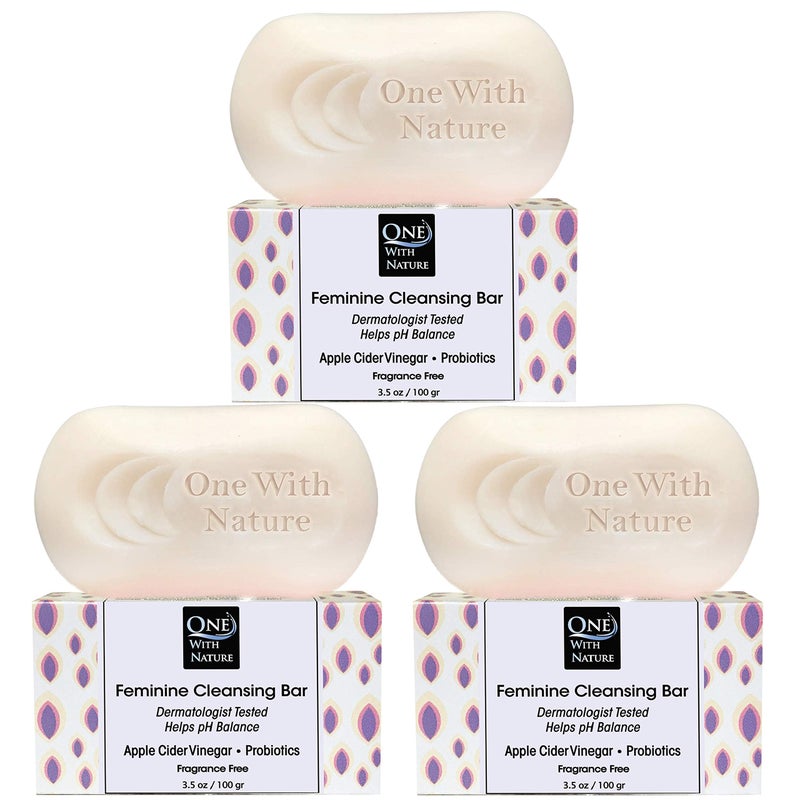 One With Nature Feminine Cleansing Bar 3Pack 3.5Oz - Fragrance-Free Feminine Soap Bar, Probiotics, Apple Cider Vinegar, Omega Fatty Acids, Oatmeal, Pure, Gentle Cleansing Bar for All Skin, Face, Body - Image 1