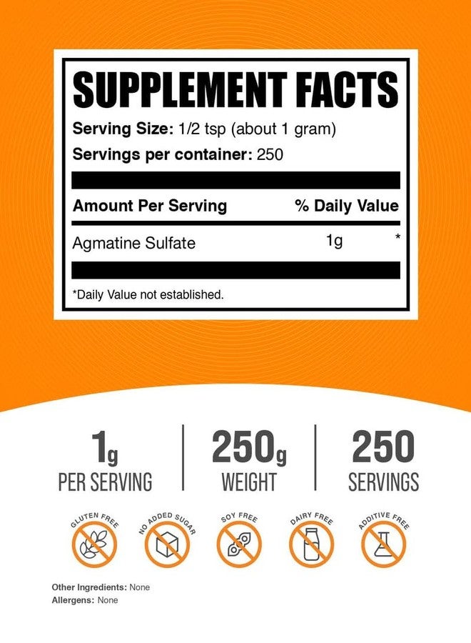BulkSupplements.com Agmatine Sulfate Powder - Nitric Oxide Supplement, Pre Workout Powder - Unflavored & Gluten Free, 1g per Serving, 250g (8.8 oz) (Pack of 1) - Image 2
