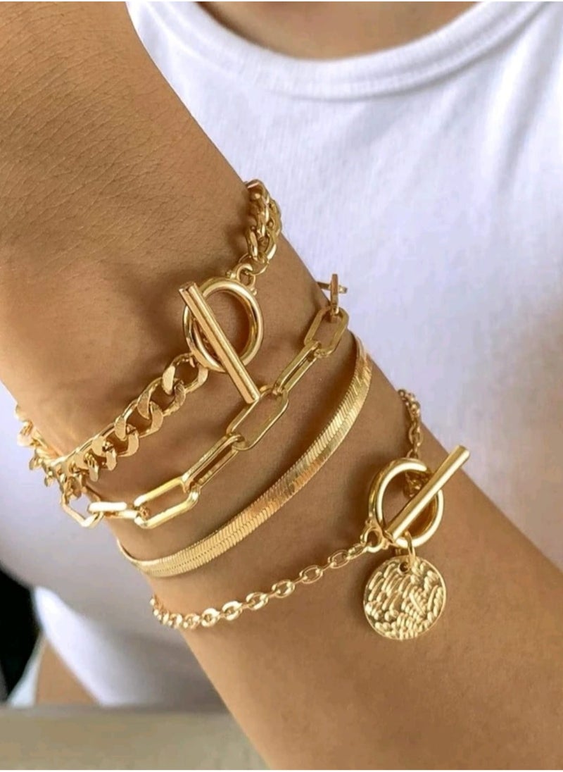 Shein 4pcs Minimalist Disc Charm OT Buckle Chain Bracelet Set For Women For Daily Jewelry Accessories  - Image 1