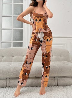 MANIKAN Women’s Long Pajama Set with Teddy Bear Print Sleeveless Top and Pants  - Image 1