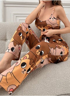 MANIKAN Women’s Long Pajama Set with Teddy Bear Print Sleeveless Top and Pants  - Image 3