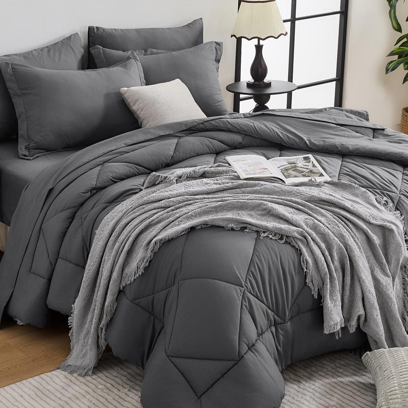 HEVUMYI Oversized Queen Comforter Set Dark Grey - 7-Piece All Season Bed in a Bag Oversized Queen, Soft Bedding Set with Comforter, Flat Sheet, Deep Pocket Fitted Sheet, Pillowcases, Pillow Shams - Image 1