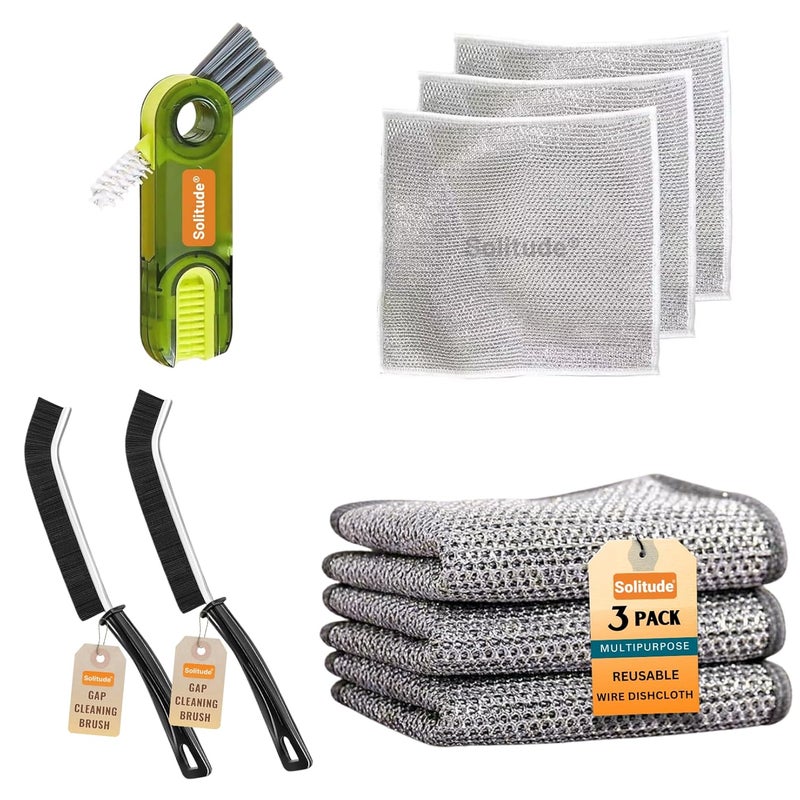 Solitude 6X Combo 3 Non-Scratch Wire Dishcloth, 2 Mini Gap Cleaning Brush & 1 3-in-1 Cup Lid Gap Cleaning Brush, Multipurpose Wire Dishwashing Rag for Wet and Dry, Easy Rinsing, Reusable for Kitchen - Image 1