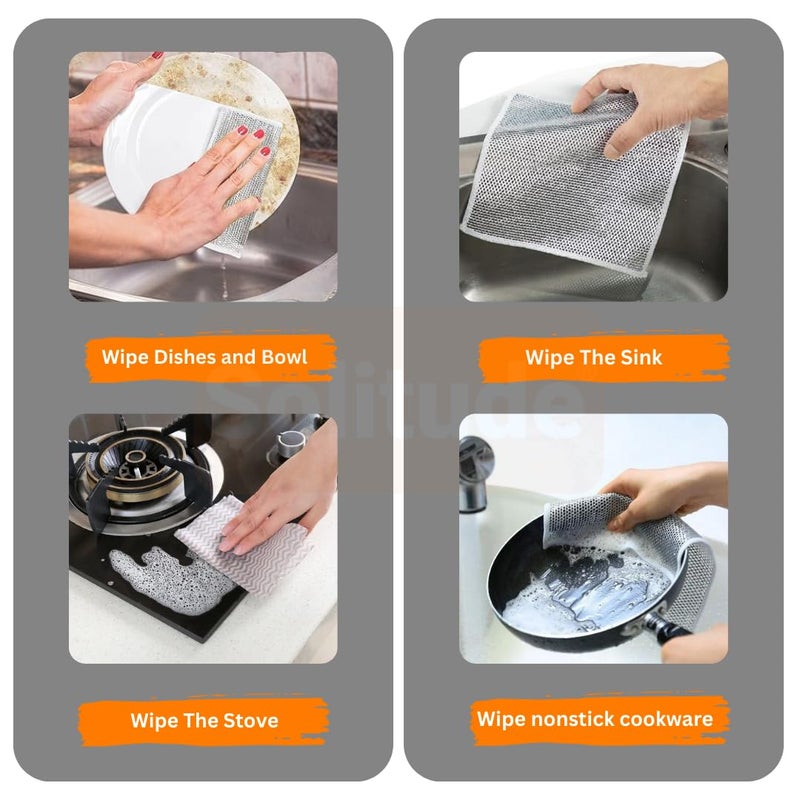 Solitude 6X Combo 3 Non-Scratch Wire Dishcloth, 2 Mini Gap Cleaning Brush & 1 3-in-1 Cup Lid Gap Cleaning Brush, Multipurpose Wire Dishwashing Rag for Wet and Dry, Easy Rinsing, Reusable for Kitchen - Image 3