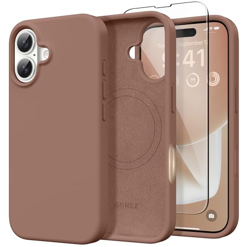 GONEZ Magnetic for iPhone 16 Case, [Compatible with MagSafe] Anti-Scratch Microfiber Lining & Screen Protector, Silicone Camera Control, Shockproof Slim Phone Cover 6.1 inch, Brown - Image 1