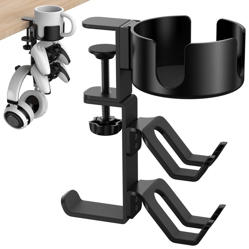 4 In 1 Desk Cup Holder: 360° Rotating Adjustable Arm Clamp, Upgraded Large Size, Anti-Scratch Design - Multifunctional Gaming Desk Organizer for Home Gaming Desks, Office Desks - Image 1