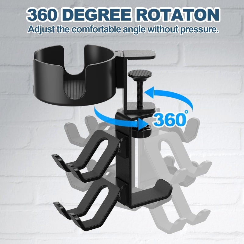 4 In 1 Desk Cup Holder: 360° Rotating Adjustable Arm Clamp, Upgraded Large Size, Anti-Scratch Design - Multifunctional Gaming Desk Organizer for Home Gaming Desks, Office Desks - Image 2