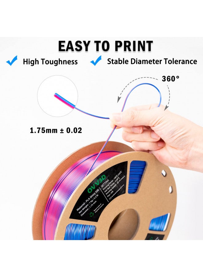 OVVNYXE خيوط OVV3D PLA بقطر 1.75 مم، خيوط PLA حريرية ثنائية اللون لطابعة 3D، خيوط زرقاء حمراء بالتكامل، تغيير اللون كل بوصة، مواد طباعة ثلاثية الأبعاد +/-0.02 مم، 1 كجم/2.2 رطل - Image 3