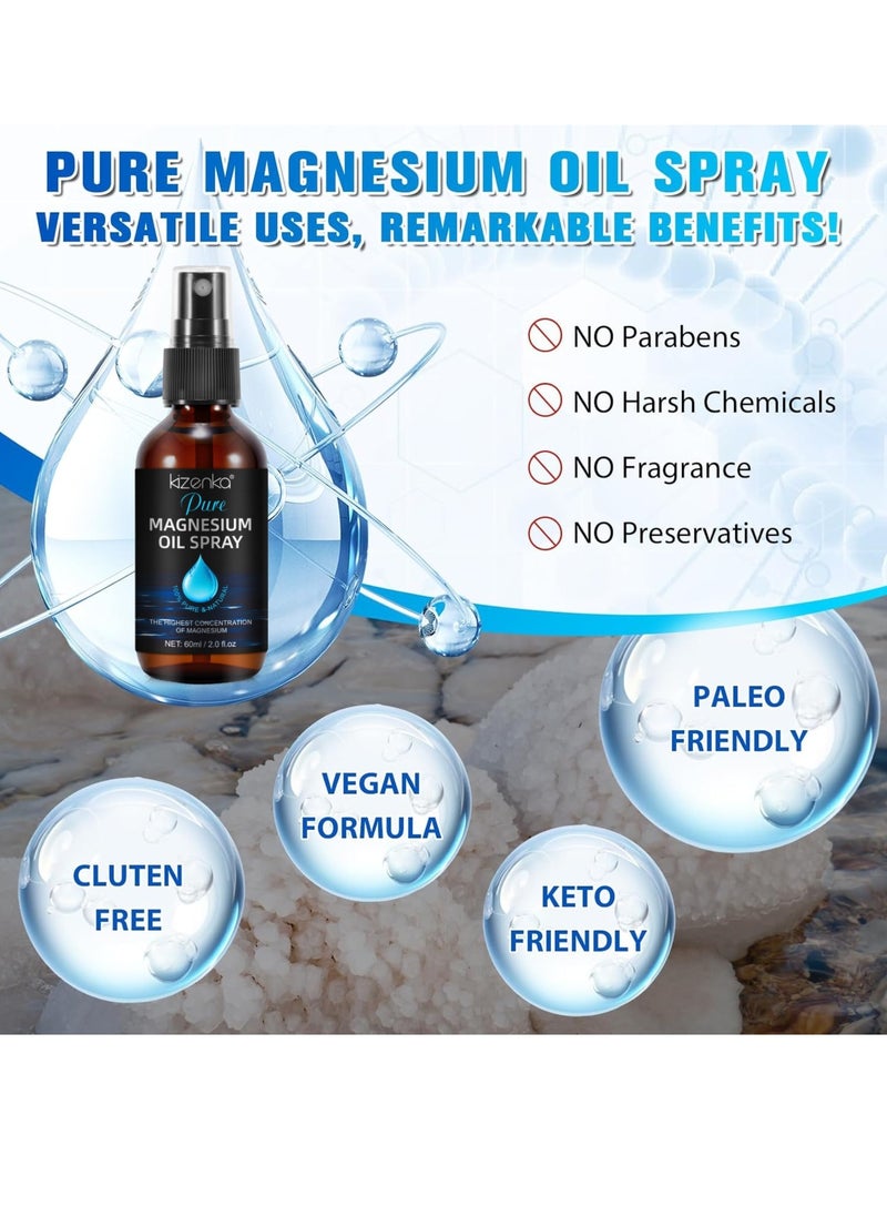 kizenka - 60ml Magnesium Oil Spray Muscle Pain Relieve Oil Spray Mineral Essential Massage Oil Multi Use Improve Sleep Reduce Stress Soothes Skin Relieve Pain Spray Stress and Pain Relief Spray - Image 1