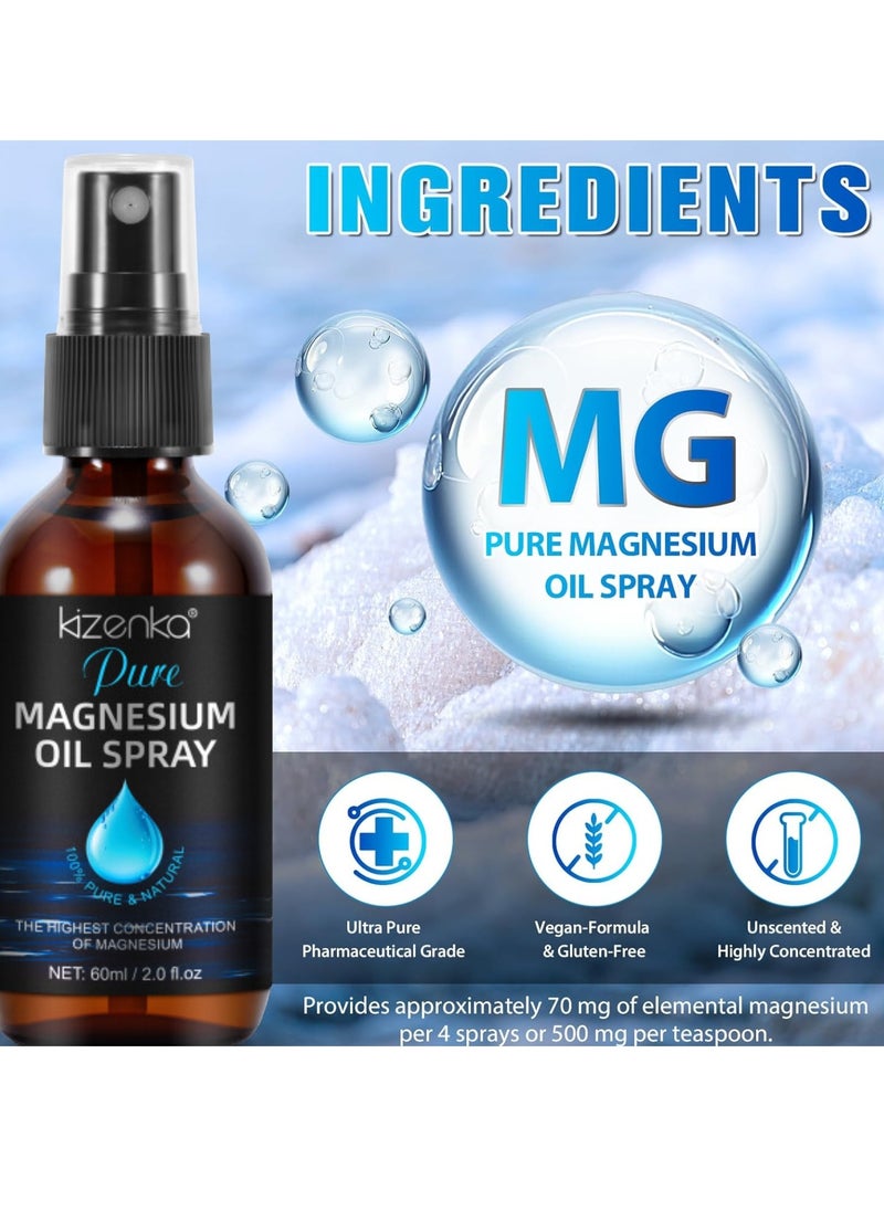 kizenka - 60ml Magnesium Oil Spray Muscle Pain Relieve Oil Spray Mineral Essential Massage Oil Multi Use Improve Sleep Reduce Stress Soothes Skin Relieve Pain Spray Stress and Pain Relief Spray - Image 1