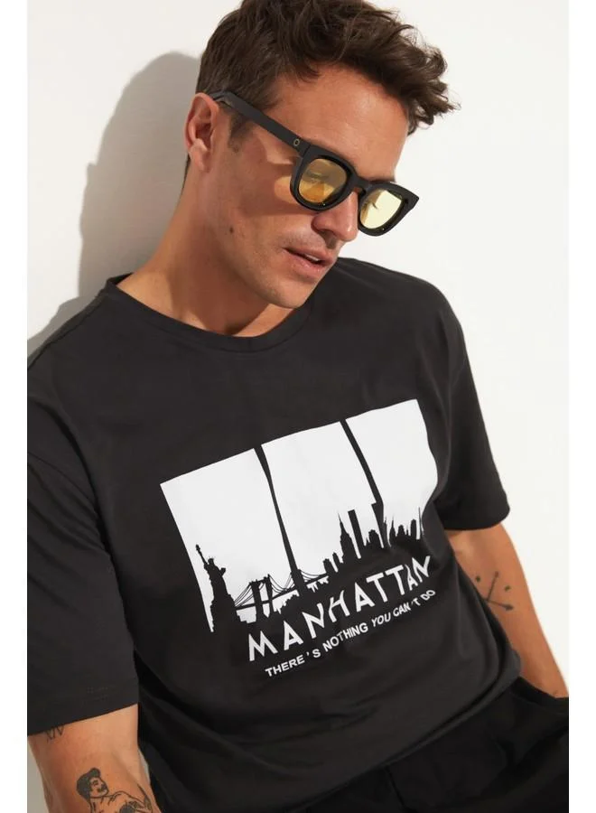 جون June Men Oversize 100% Cotton Printed Crew Neck Tshirt Anthracite