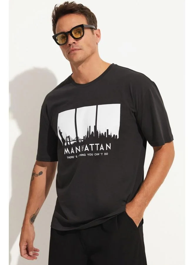 جون June Men Oversize 100% Cotton Printed Crew Neck Tshirt Anthracite
